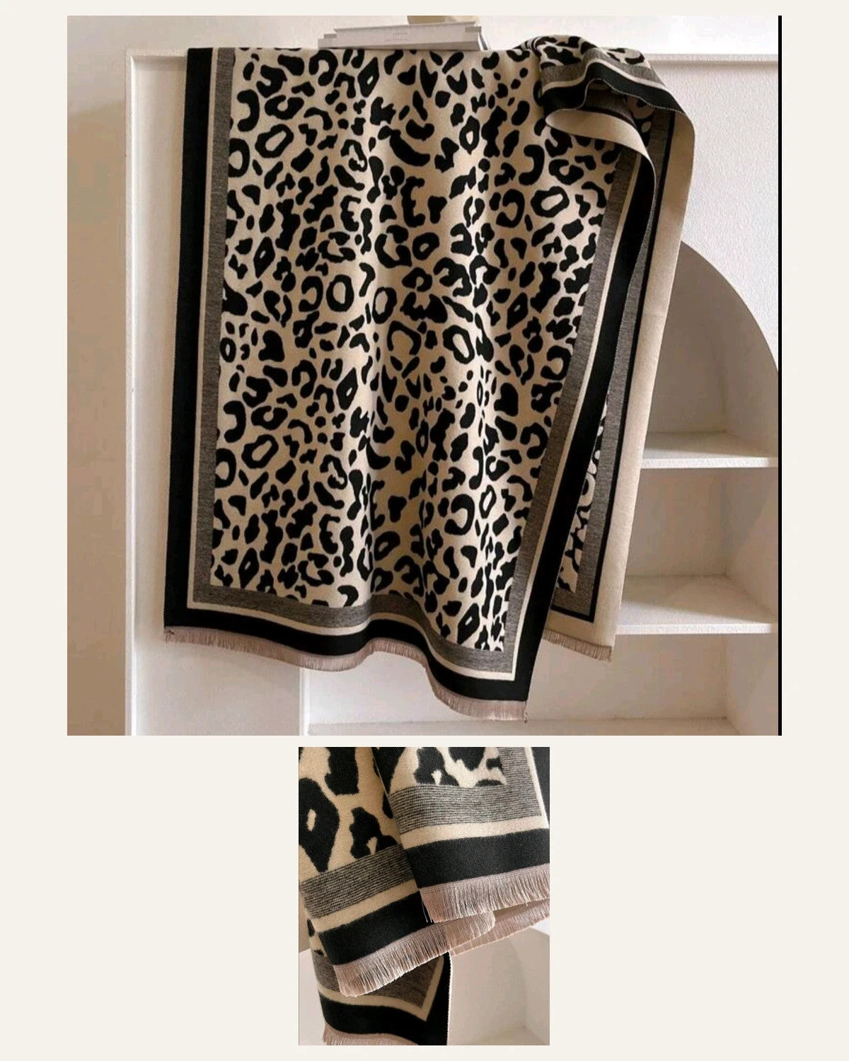 Beige shawl with leopard print, black and cream border, and fine fringes.