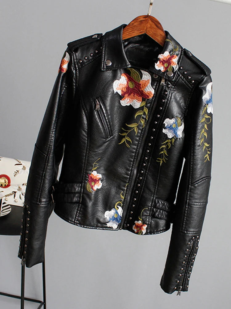 Blumenmuster bestickte weiche Kunstleder-Jacke Damen Biker-Stil kurz XS-XL