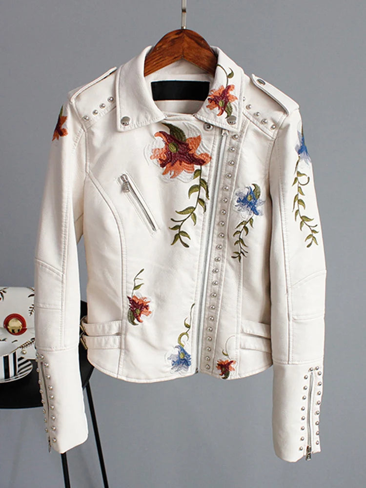 Blumenmuster bestickte weiche Kunstleder-Jacke Damen Biker-Stil kurz XS-XL