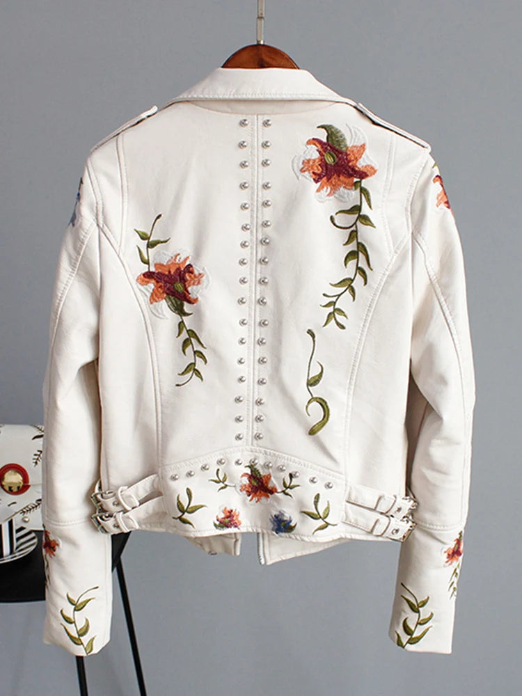 Blumenmuster bestickte weiche Kunstleder-Jacke Damen Biker-Stil kurz XS-XL