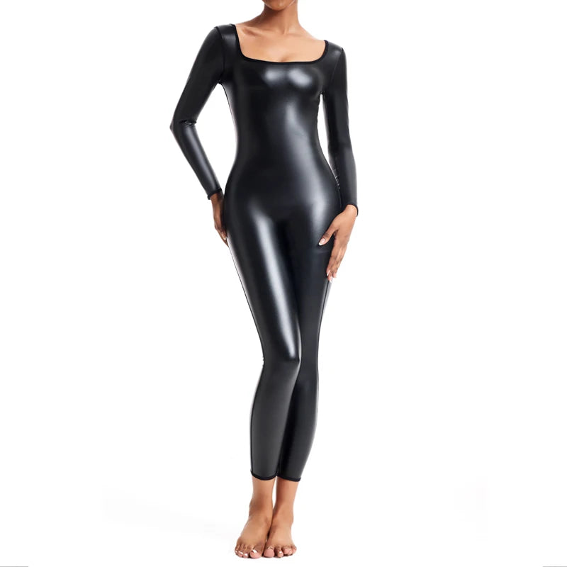 Bodysuit Jumpsuit Overall Catsuit Shapewear Leder-Optik Slip-On Langarm