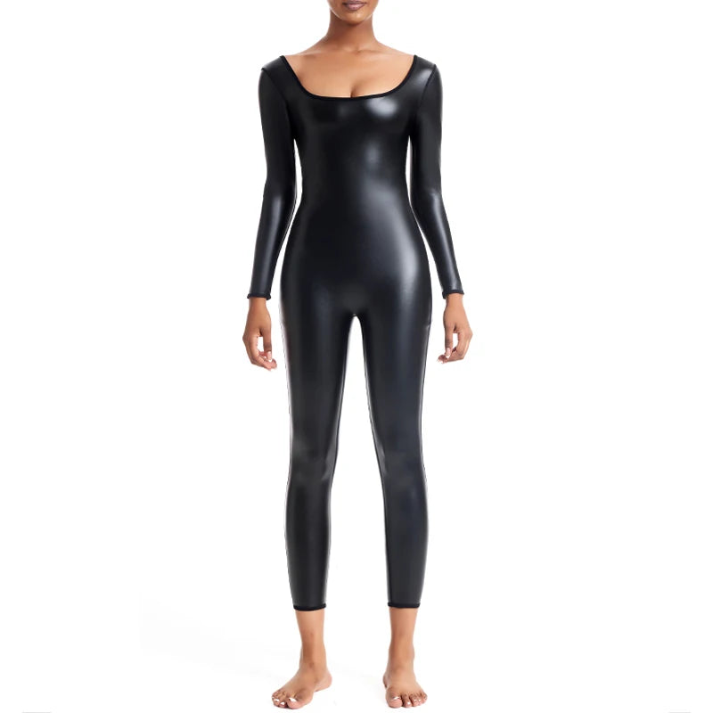 Bodysuit Jumpsuit Overall Catsuit Shapewear Leder-Optik Slip-On Langarm