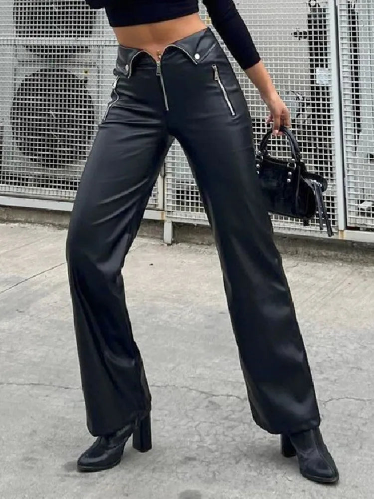Hose Leder-Optik leichter Bootcut schwarz oder braun mit Reißverschluß XS - M/L