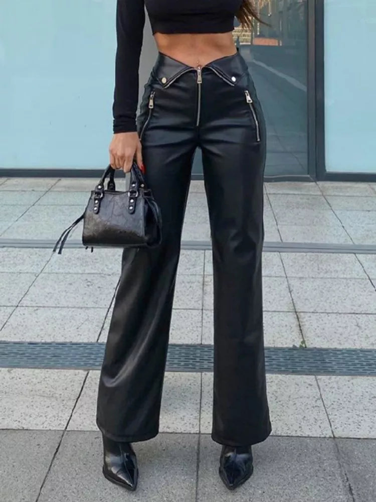 Hose Leder-Optik leichter Bootcut schwarz oder braun mit Reißverschluß XS - M/L
