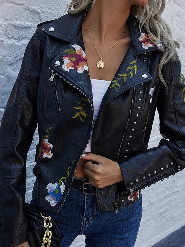 Blumenmuster bestickte weiche Kunstleder-Jacke Damen Biker-Stil kurz XS-XL