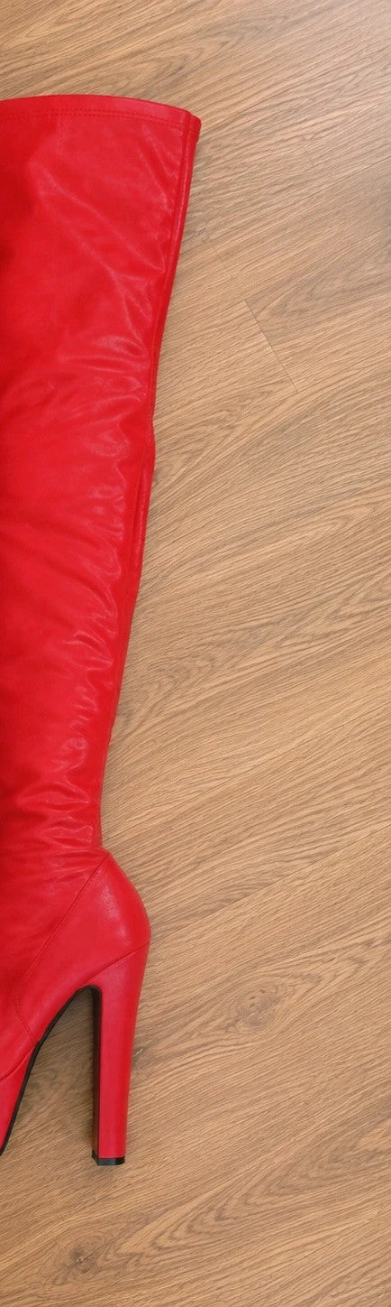ALS red overknee plateau boots with thick stiletto heel and soft interior.