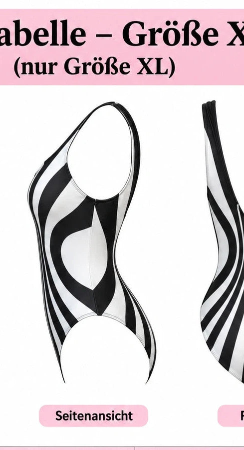 Muster one-piece swimsuit black and white with bold striped pattern and deep back cut.