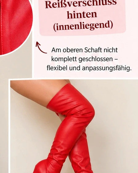 GEF red overknee high heel boots with synthetic material and back zipper detail.