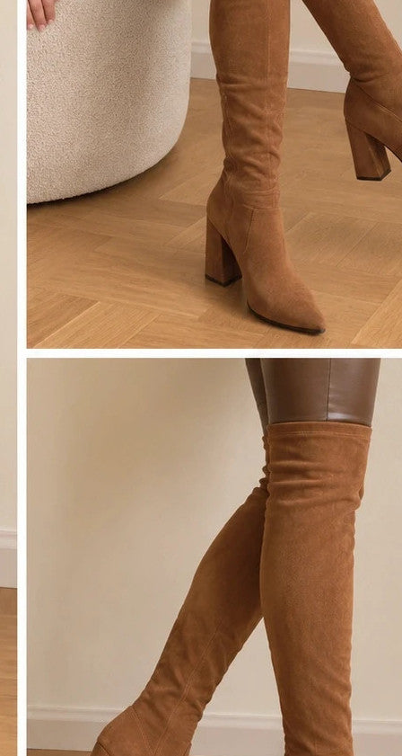 REI brown overknee boots synthetic suede block heel pointed toe design