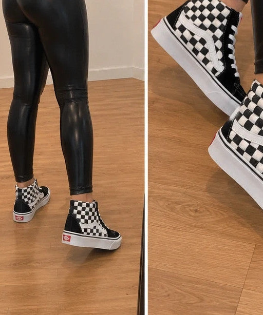 VANS trainers black and white checkered leather high-top with wedge heel and logo.