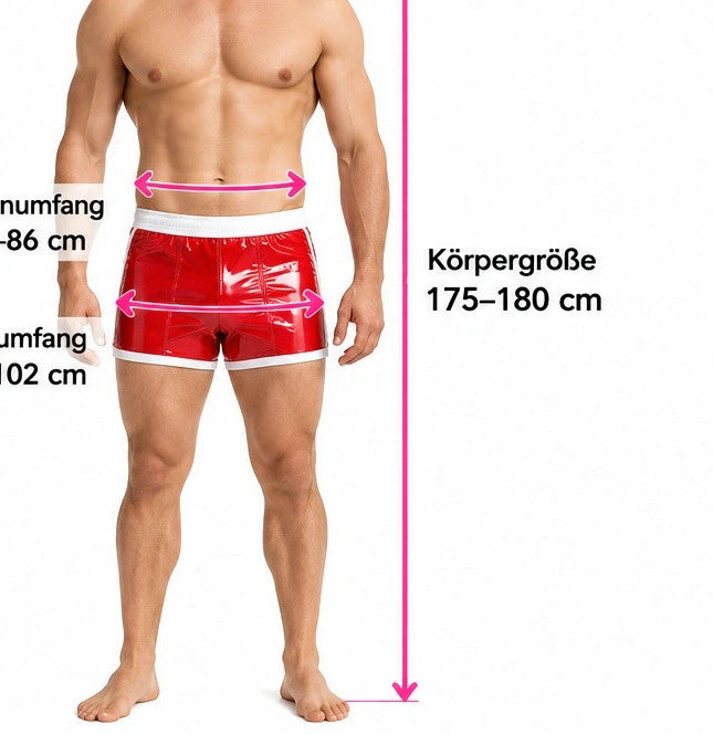 Herren red shorts glossy finish with white contrast details and elastic waistband.