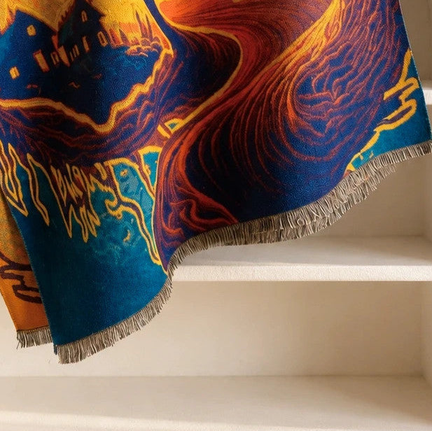 Farben multi shawl featuring vibrant landscape pattern, soft 100% polyester material.