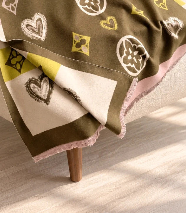 beige shawl khaki-beige with decorative motifs in beige, pink, and yellow