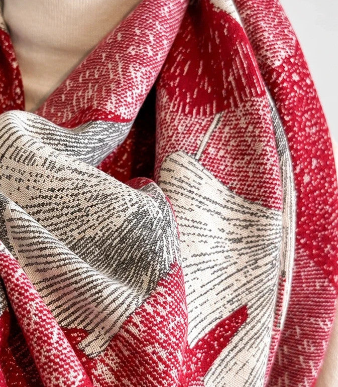 XXL shawl beige and burgundy with leaf pattern, soft 100% polyester fabric.
