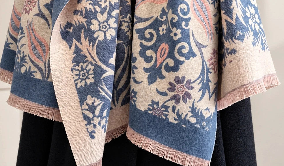 XXL shawl blue and cream reversible with floral and ornamental pattern, soft polyester material.