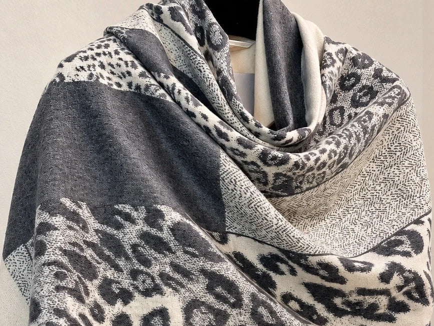 Creme shawl cream grey leopard pattern soft polyester fabric large versatile design