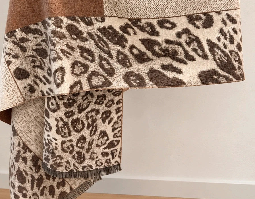 Creme beige and brown shawl reversible leopard print soft polyester fabric