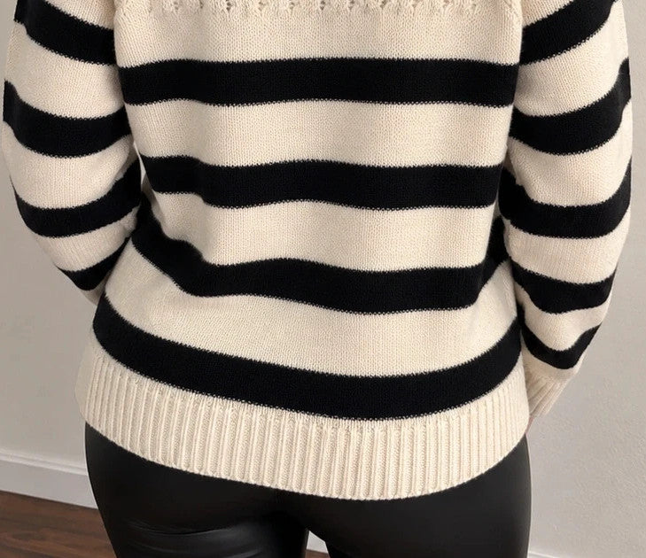 ONLY cream and black striped oversized sweater with ribbed cuffs and soft knit texture.
