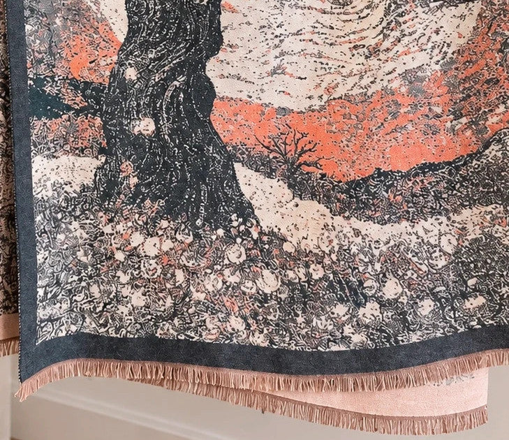 Creme multi shawl with artistic tree motif and decorative fringes, soft polyester material.