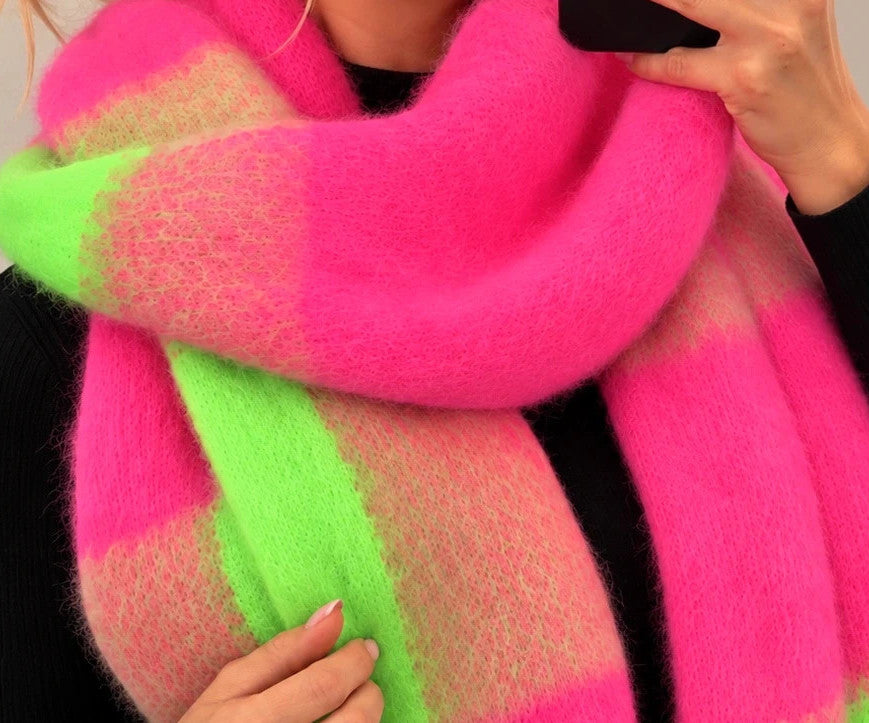 XXL multi shawl large check pattern neon pink green orange beige with fringes