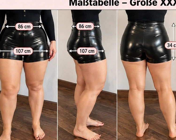 Hotpants black high-waisted activewear shorts glossy finish, fitted style, wide waistband.