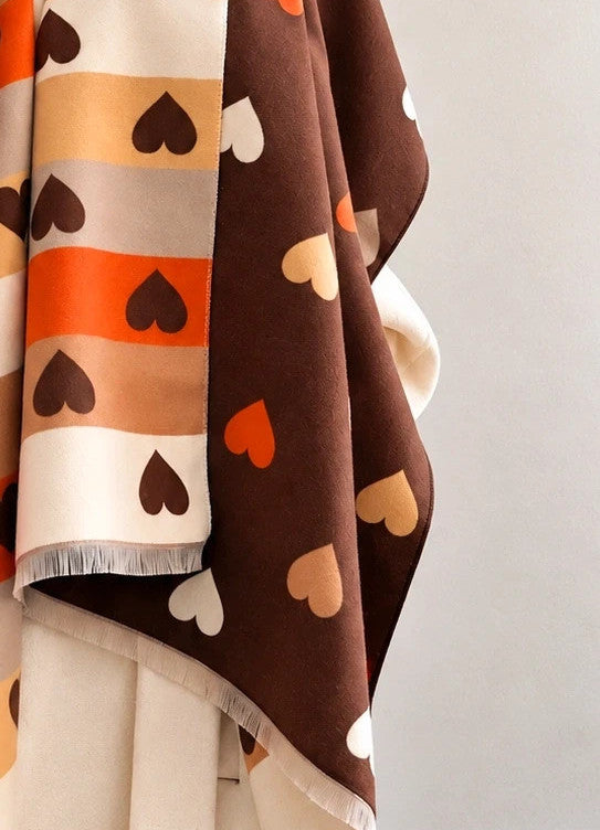 Braun shawl multi-coloured heart pattern soft polyester with fringed edges