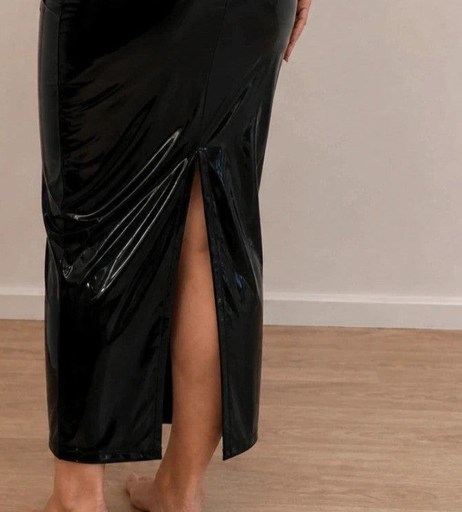 L'ange black linen maxi dress with glossy finish, long sleeves, high collar.