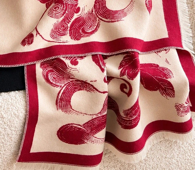 Bordeaux shawl beige and burgundy floral pattern with jacquard texture, reversible design.
