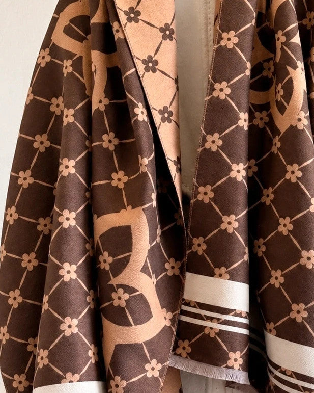 beige brown shawl floral pattern with decorative motifs and striped edges