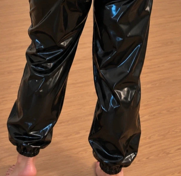XXL black joggers shiny PU coating elastic waistband casual fit