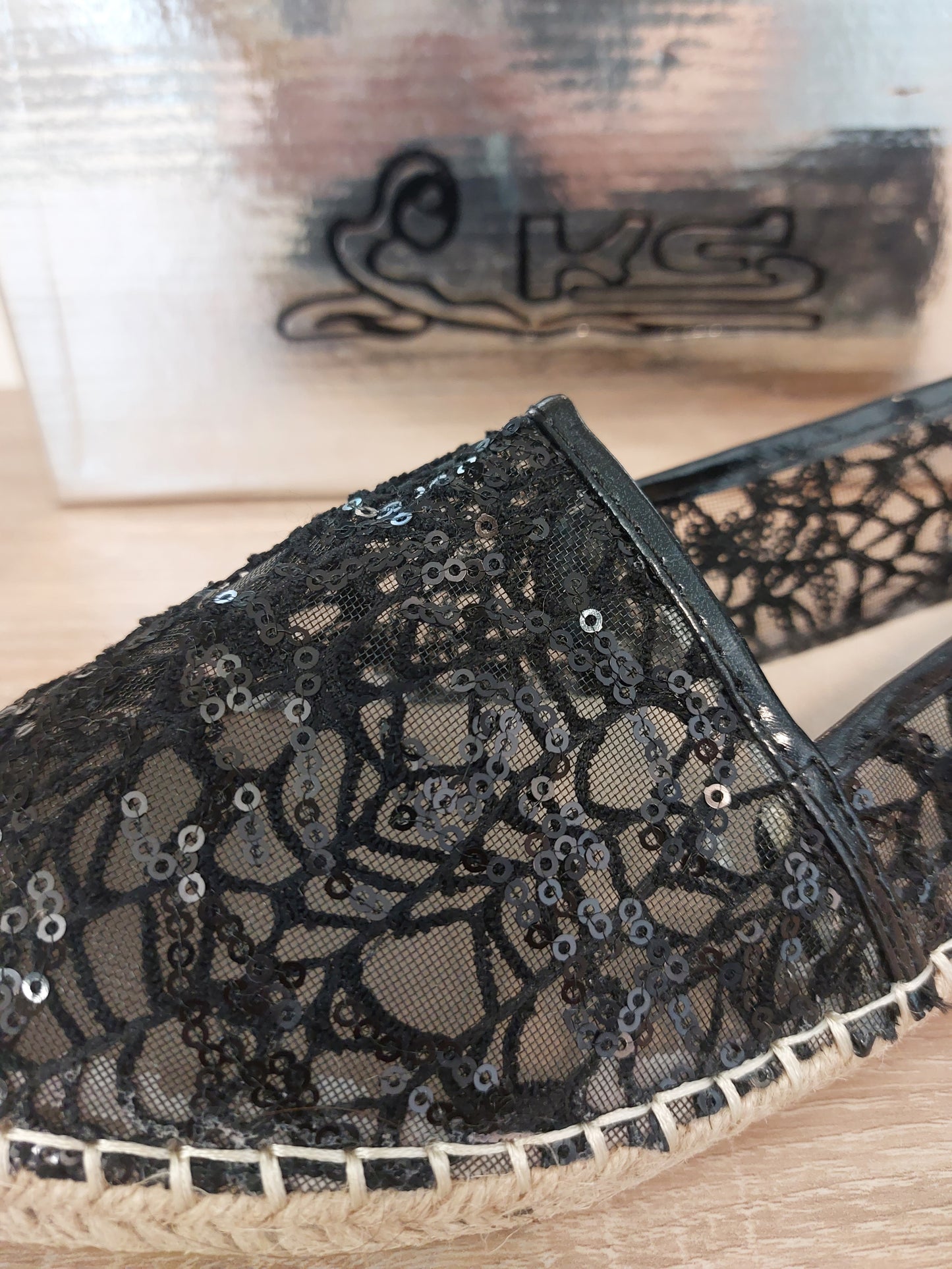 Transparente Espadrilles Textil Slipper Sandalen Ballerina Schwarz Neu 37/37.5.