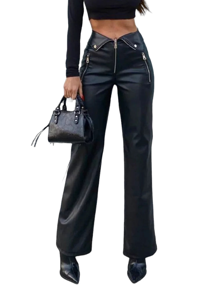 Hose Leder-Optik leichter Bootcut schwarz oder braun mit Reißverschluß XS - M/L