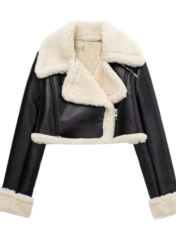 Kurze Gefütterte Jacke Kunstleder-Optik Winter Herbst XS-L