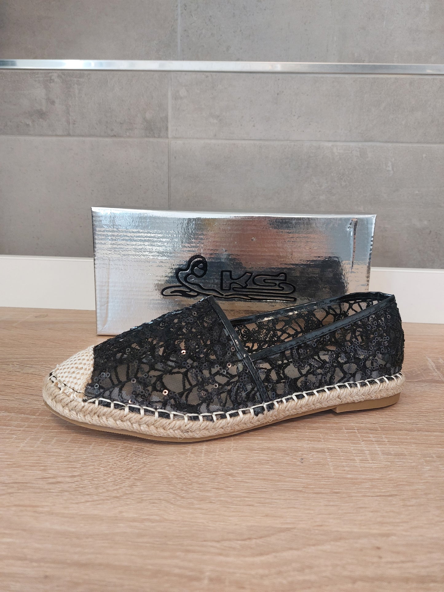 Transparente Espadrilles Textil Slipper Sandalen Ballerina Schwarz Neu 37/37.5.