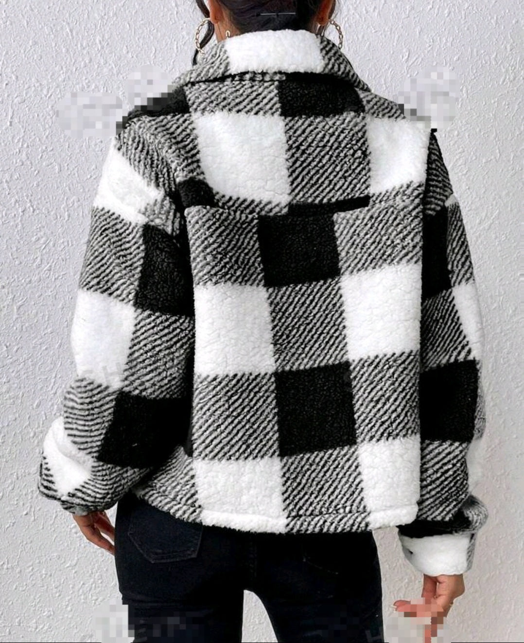 Teddy Jacke mit Buffalo Plaid Muster, Drop Shoulder Pattentaschen Plüsch Kariert