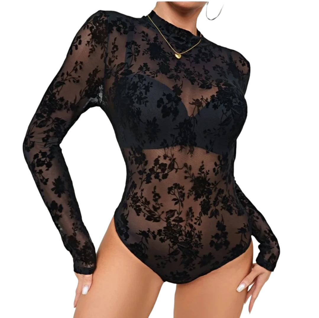 Body mit Stehkragen, Blumen Prägung Floral Print Slip Transparent S-XXL