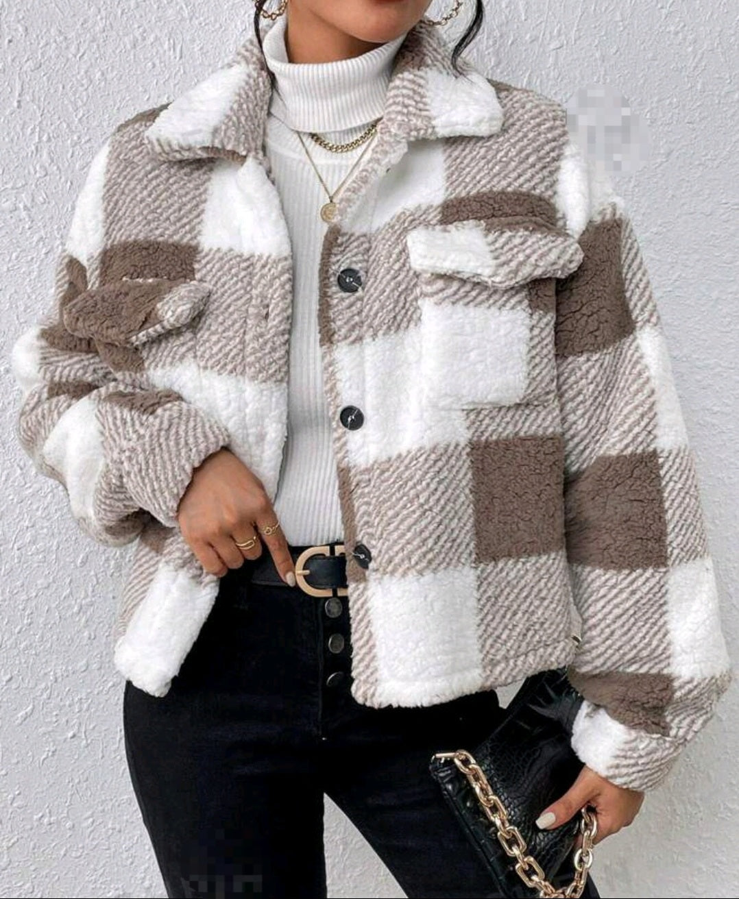 Teddy Jacke mit Buffalo Plaid Muster, Drop Shoulder Pattentaschen Plüsch Kariert