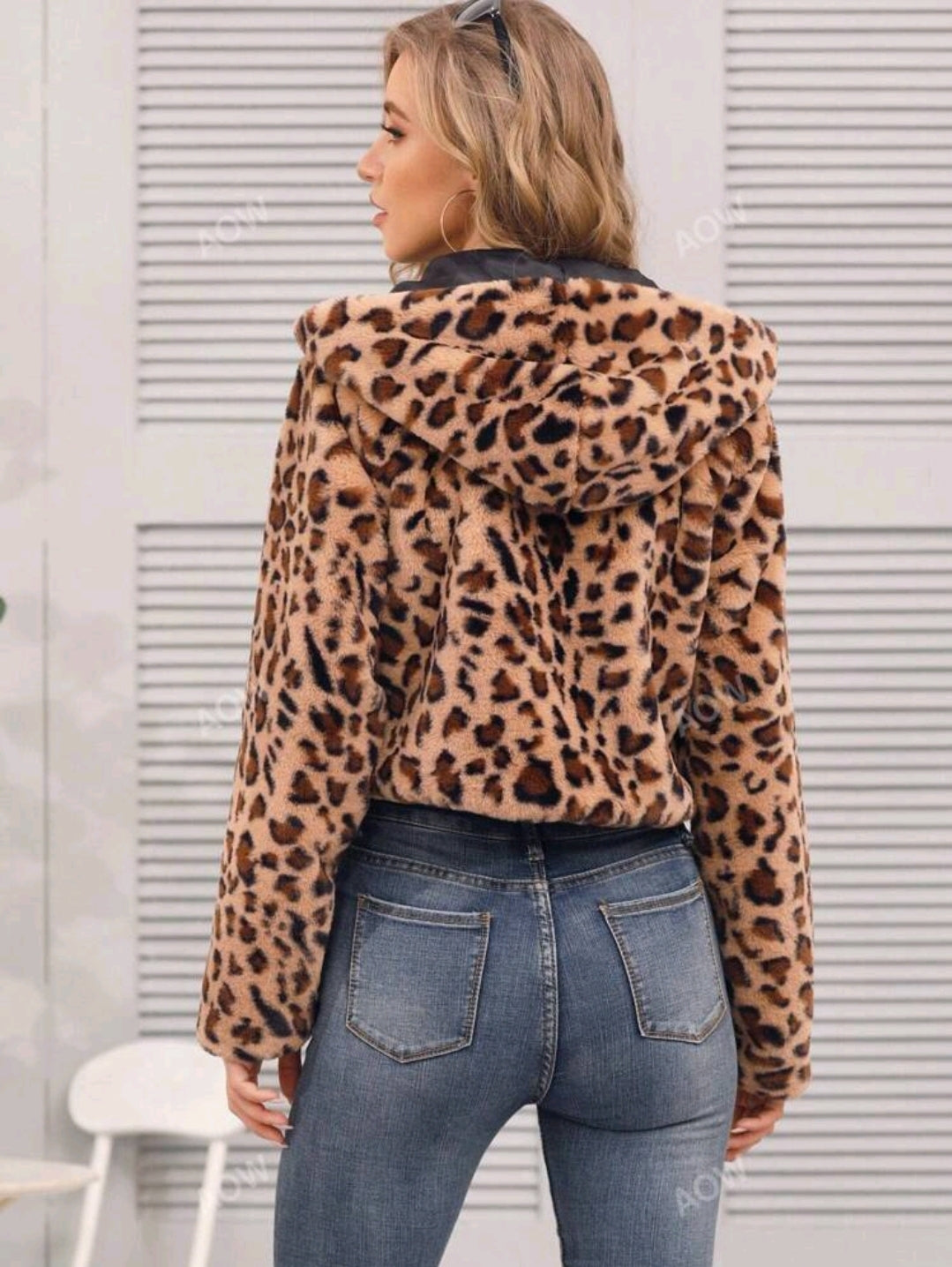 Damen Kurz-Jacke Jacke Kapuze Leopardenmuster Animal Print Plüsch Bunt S-XL