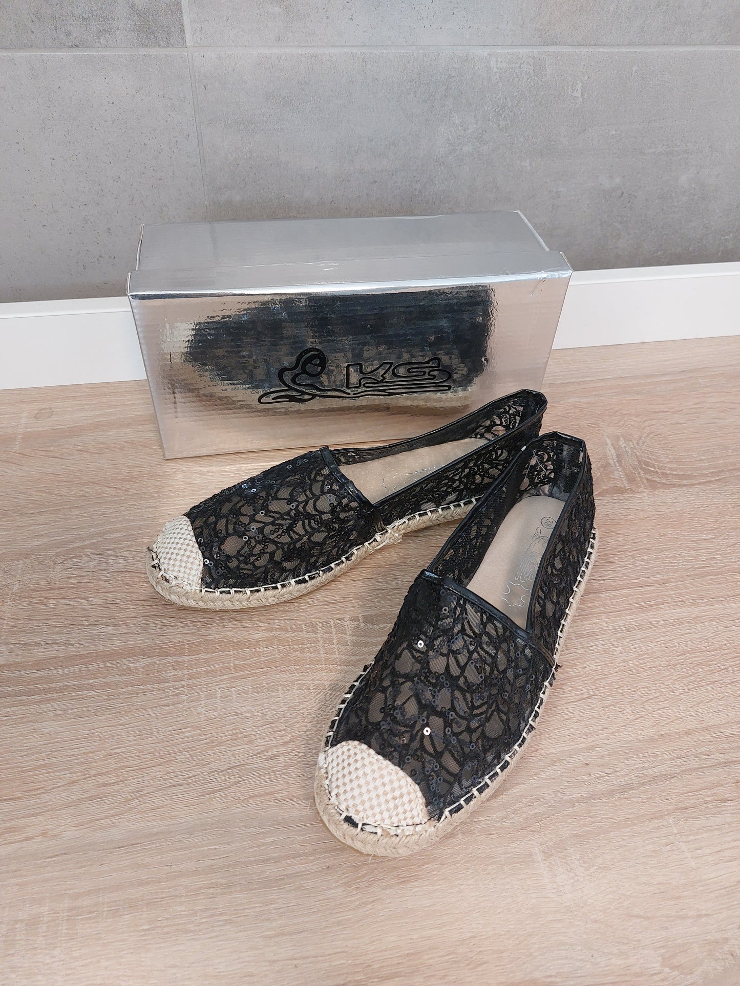 Transparente Espadrilles Textil Slipper Sandalen Ballerina Schwarz Neu 37/37.5.