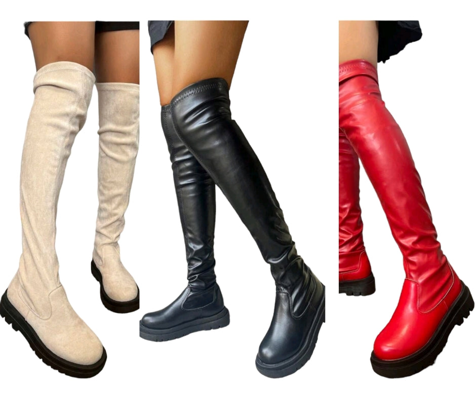 Chuncky Platform Slipper Boots Stiefelette Stoff Elastisch Overknee-Stiefel