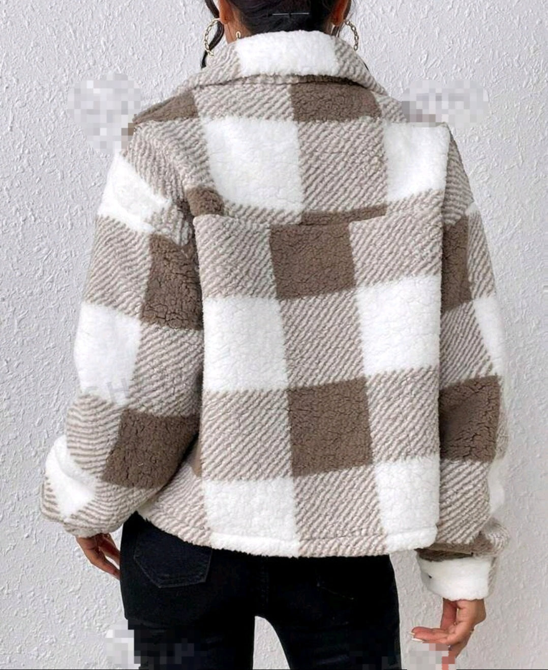 Teddy Jacke mit Buffalo Plaid Muster, Drop Shoulder Pattentaschen Plüsch Kariert