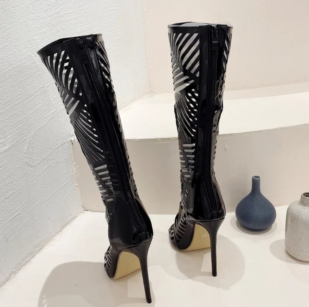 36-40 High Heels Stiefel Kniehoch Cut Out Peeptoe
