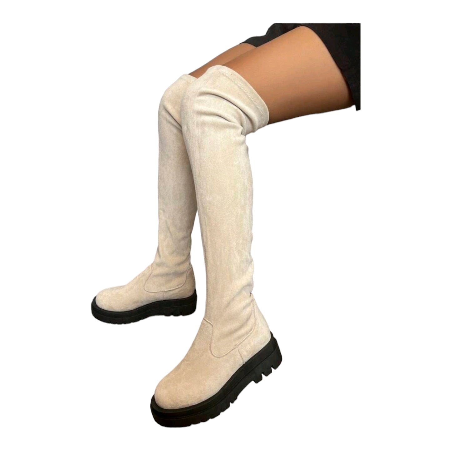 Chuncky Platform Slipper Boots Stiefelette Stoff Elastisch Overknee-Stiefel