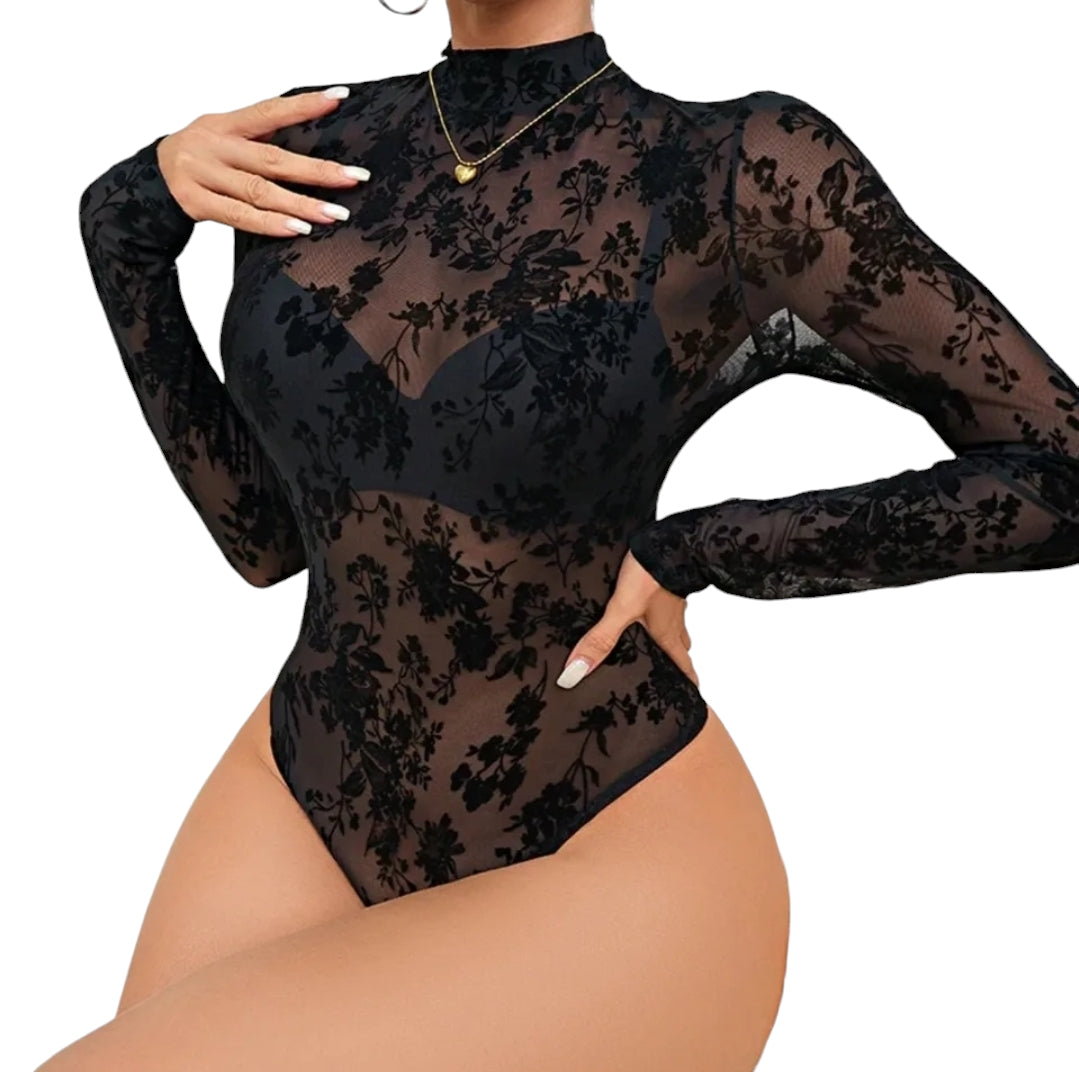 Body mit Stehkragen, Blumen Prägung Floral Print Slip Transparent S-XXL
