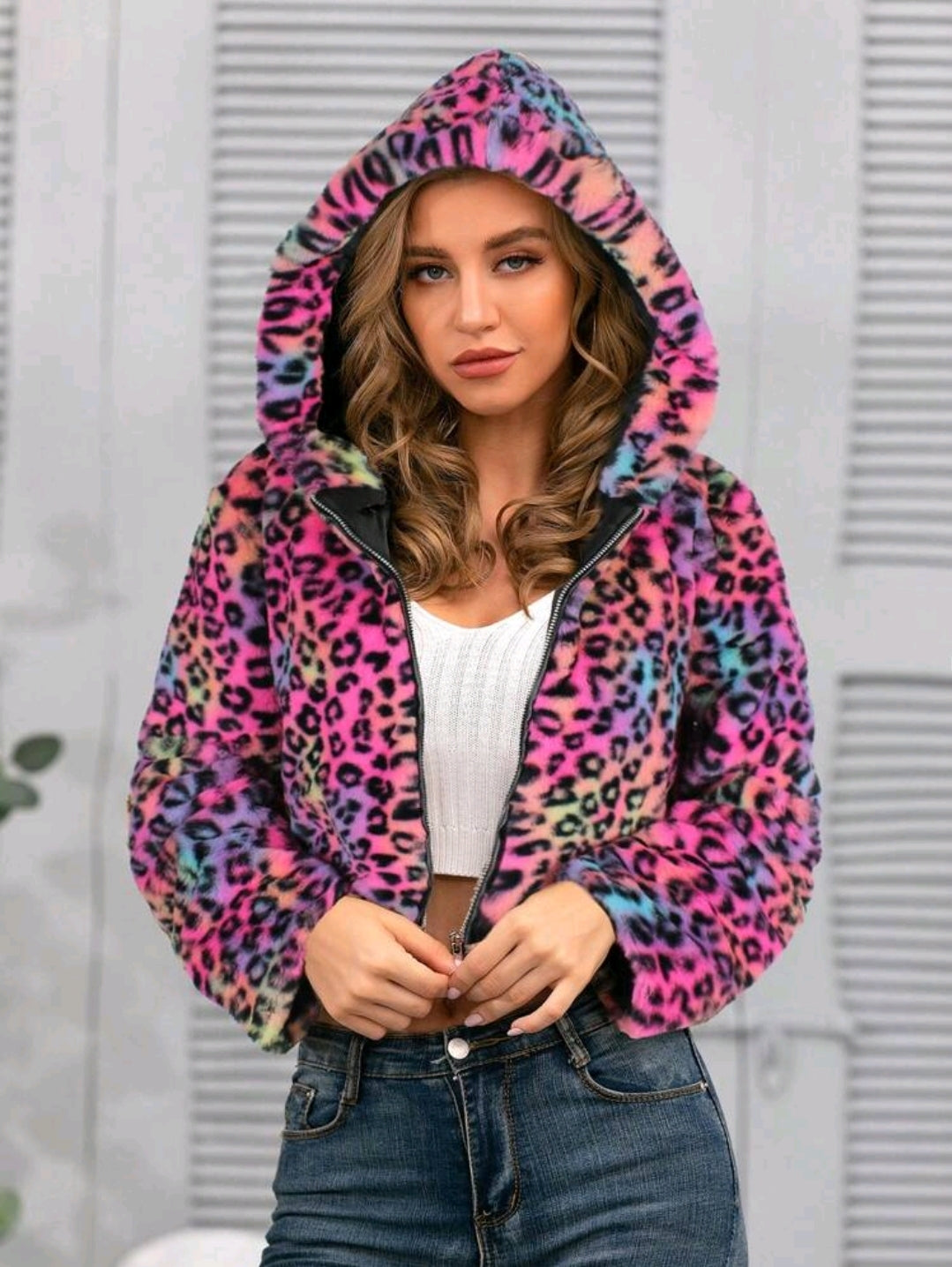 Damen Kurz-Jacke Jacke Kapuze Leopardenmuster Animal Print Plüsch Bunt S-XL