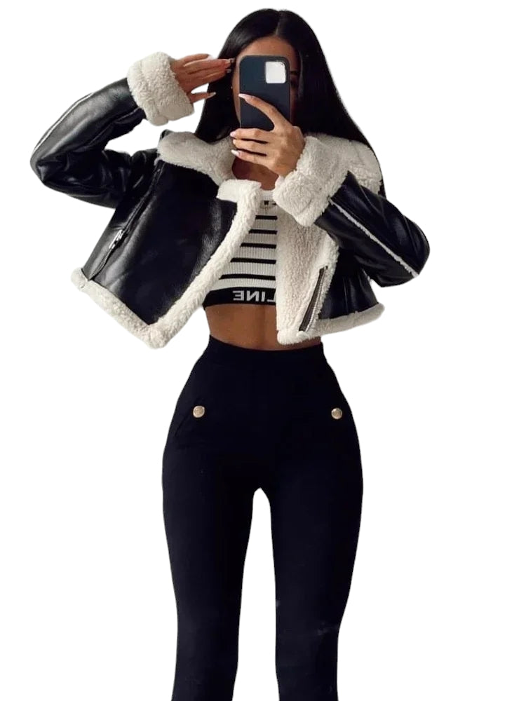 Kurze Gefütterte Jacke Kunstleder-Optik Winter Herbst XS-L