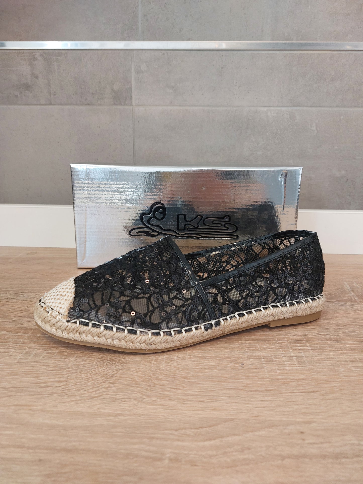 Transparente Espadrilles Textil Slipper Sandalen Ballerina Schwarz Neu 37/37.5.