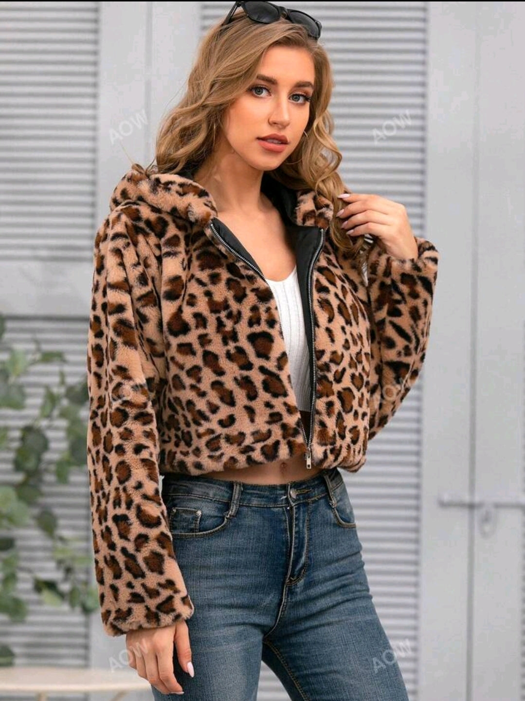 Damen Kurz-Jacke Jacke Kapuze Leopardenmuster Animal Print Plüsch Bunt S-XL
