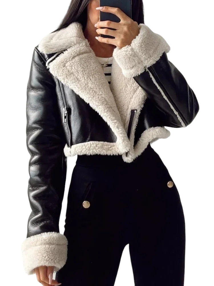 Kurze Gefütterte Jacke Kunstleder-Optik Winter Herbst XS-L