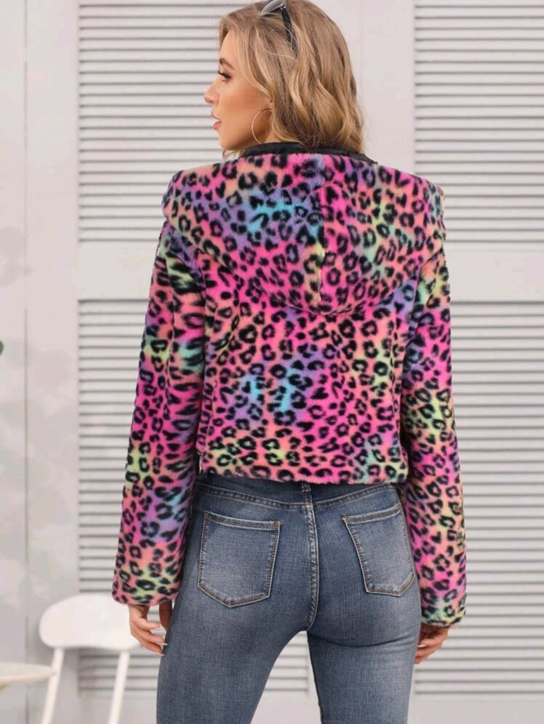 Damen Kurz-Jacke Jacke Kapuze Leopardenmuster Animal Print Plüsch Bunt S-XL